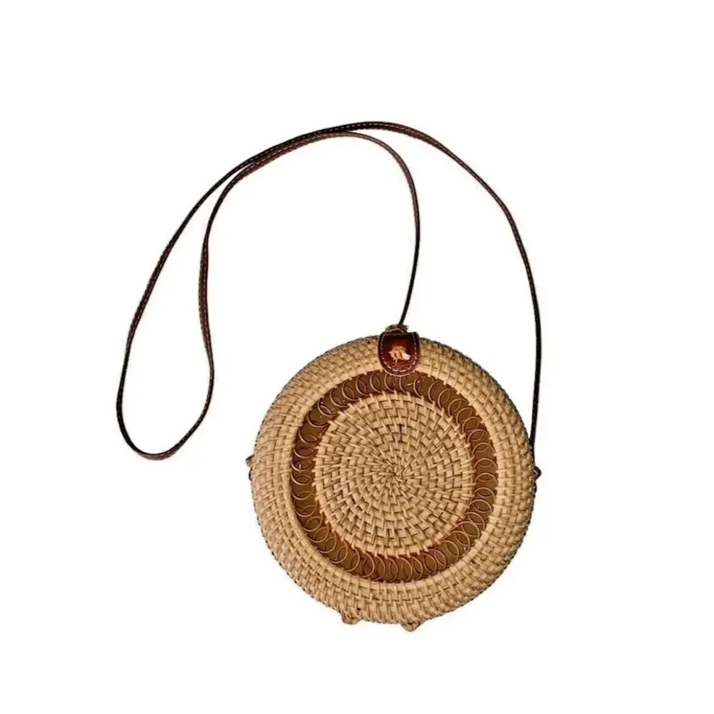 Round Beach Purse Handmade Shoulder Rattan Brown Fashion Design Bohemian Tote